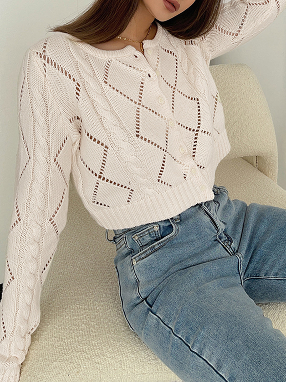 Diamonds Eyelet Button Up Knit Top