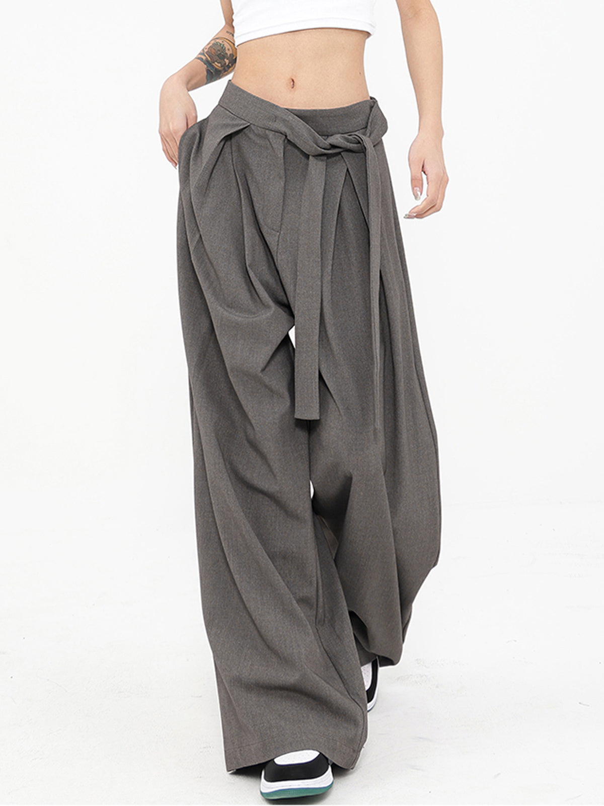 Tied Pleated Full Length Wide Leg Dress Pants