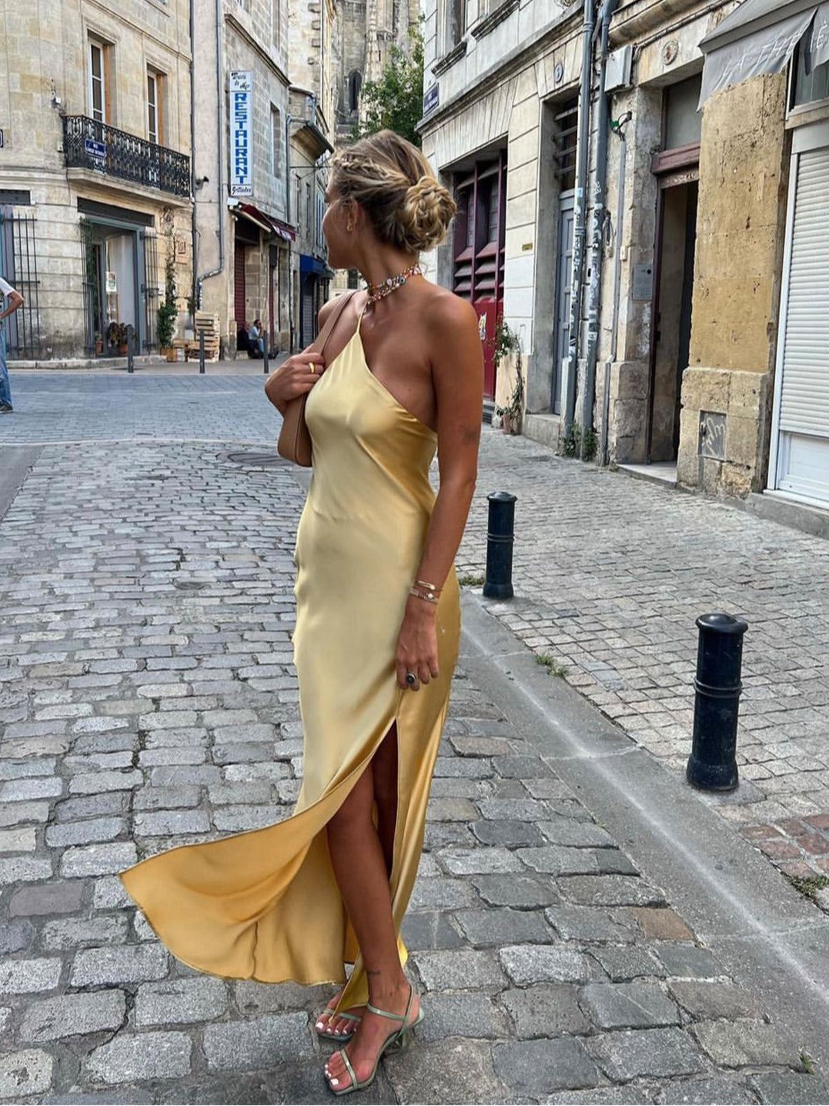 Open Back Satin Slit Long Dress