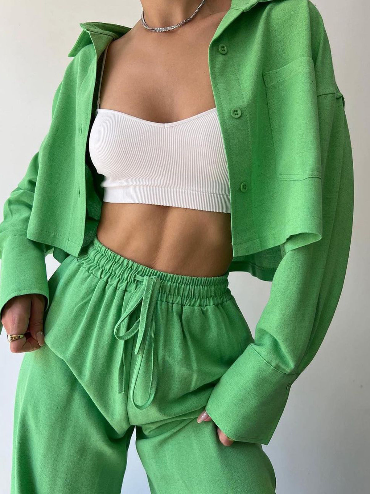 Collared Drawstring Two Piece Pants Set