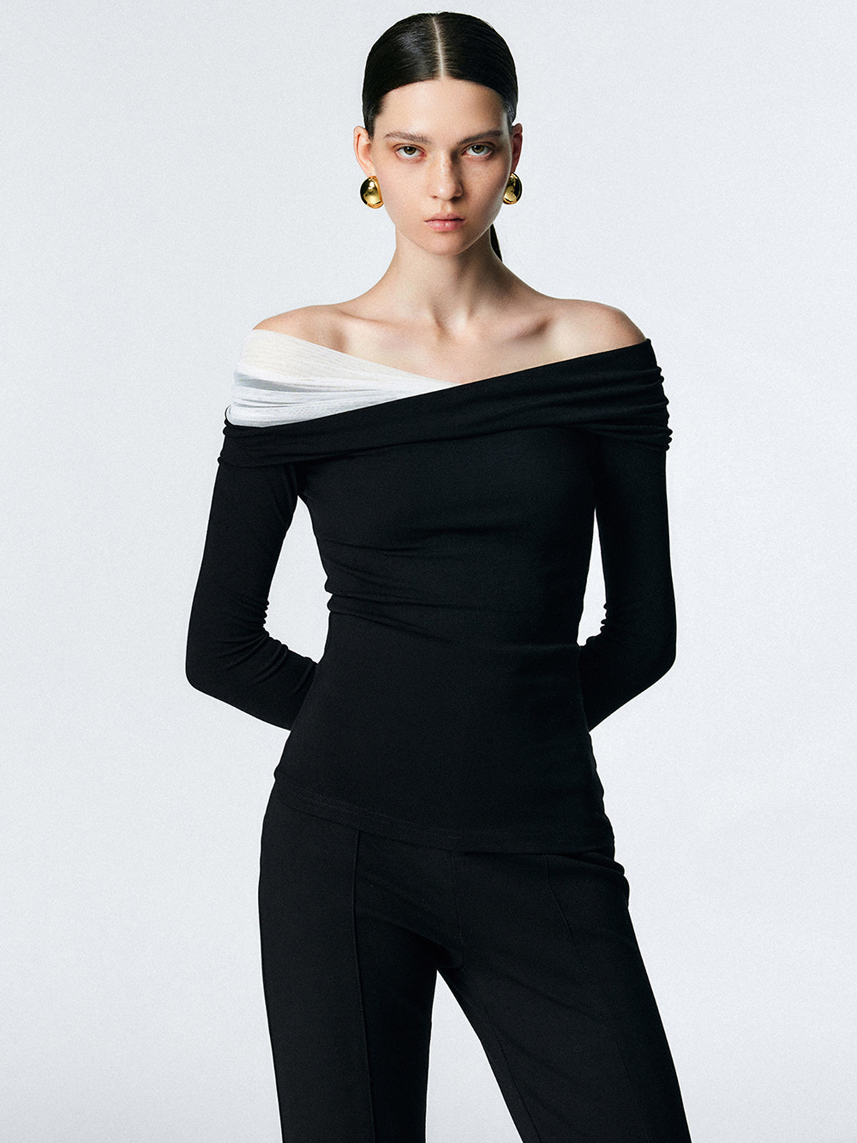 Asymmetric Off Shoulder Long Sleeve Mesh Top