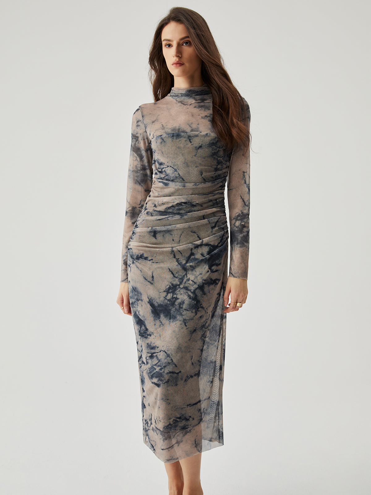 Mesh Floral Print Ruched Long Sleeve Midi Dress