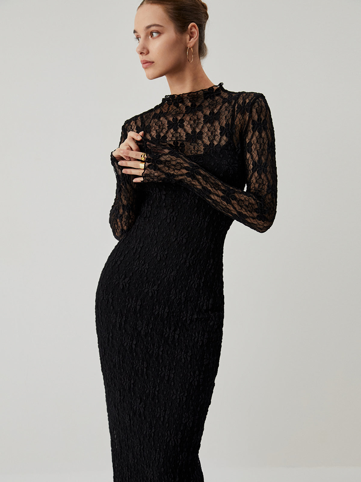 Lace Long Sleeve Mock Neck Maxi Dress