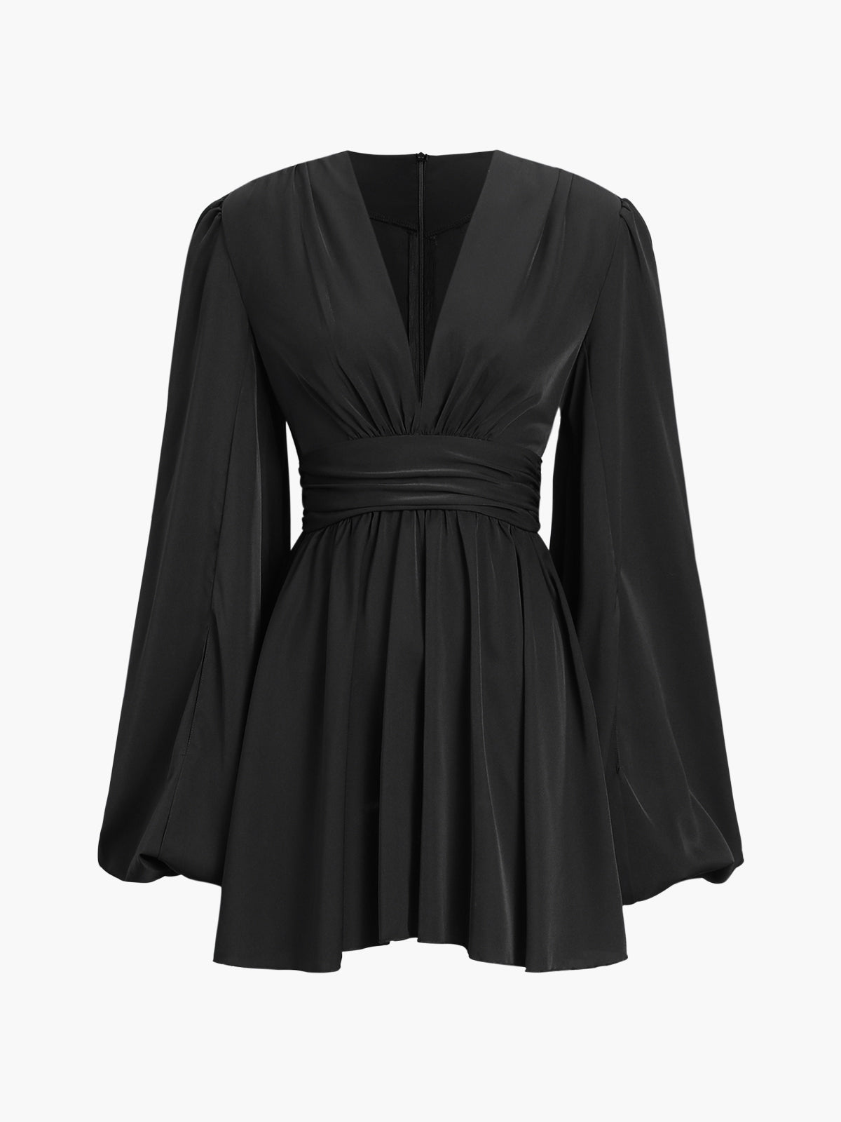 Chiffon Low Cut V-neck Pleated Zip Mini Dress