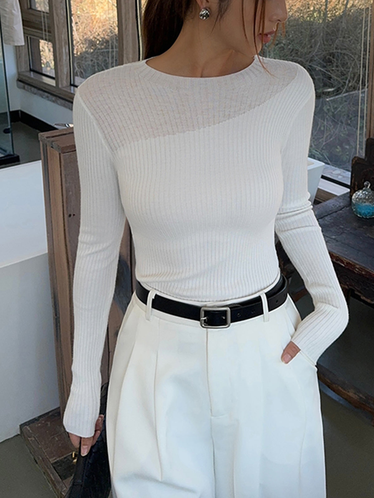 Knit Ribbed Crew Neck Asymmetric Top