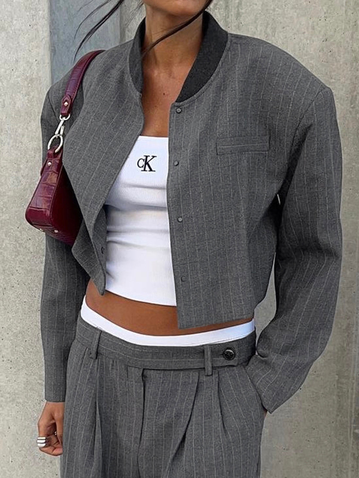 Tailored Pinstripe Patchwork Collar Jacket