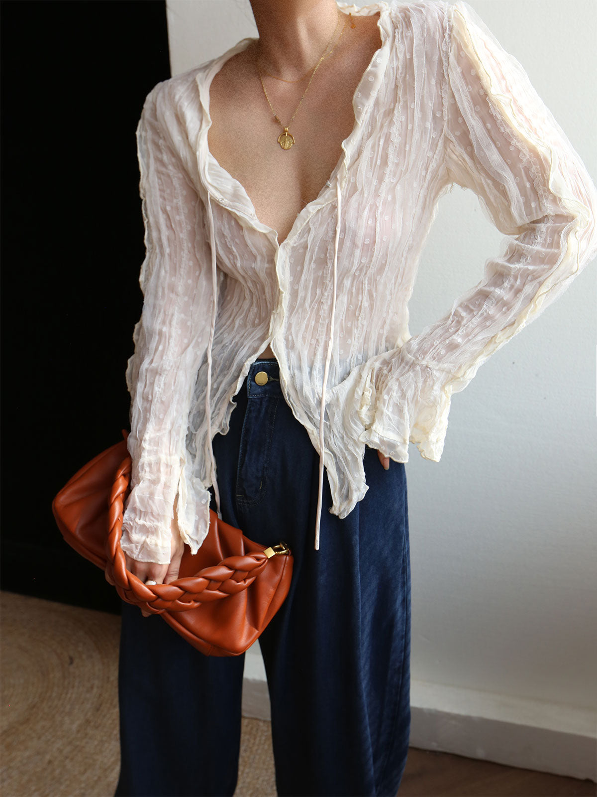 Chiffon Sheer Lettuce Trim Long Sleeve Shirt