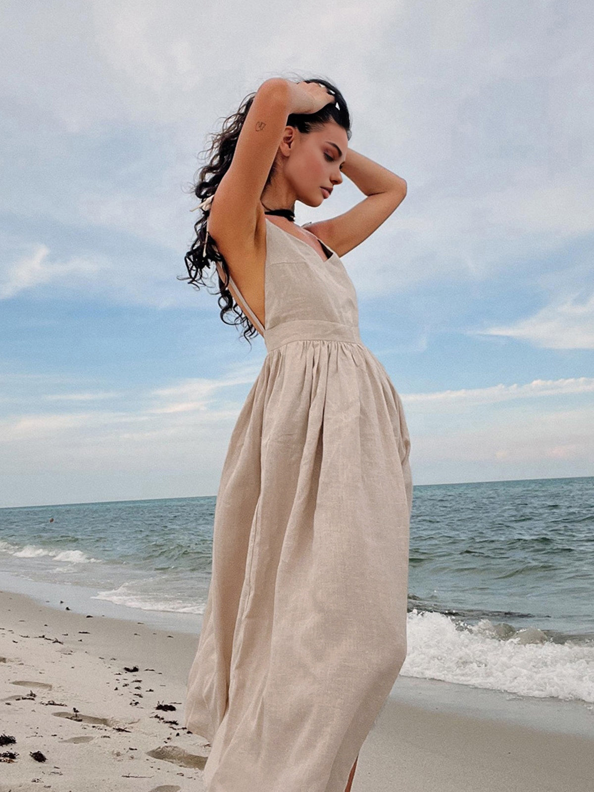 Cotton & Linen Backless Long Dress