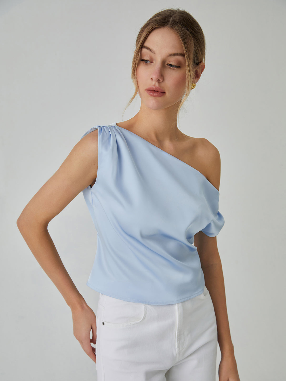 One Shoulder Off Knotted Blouse