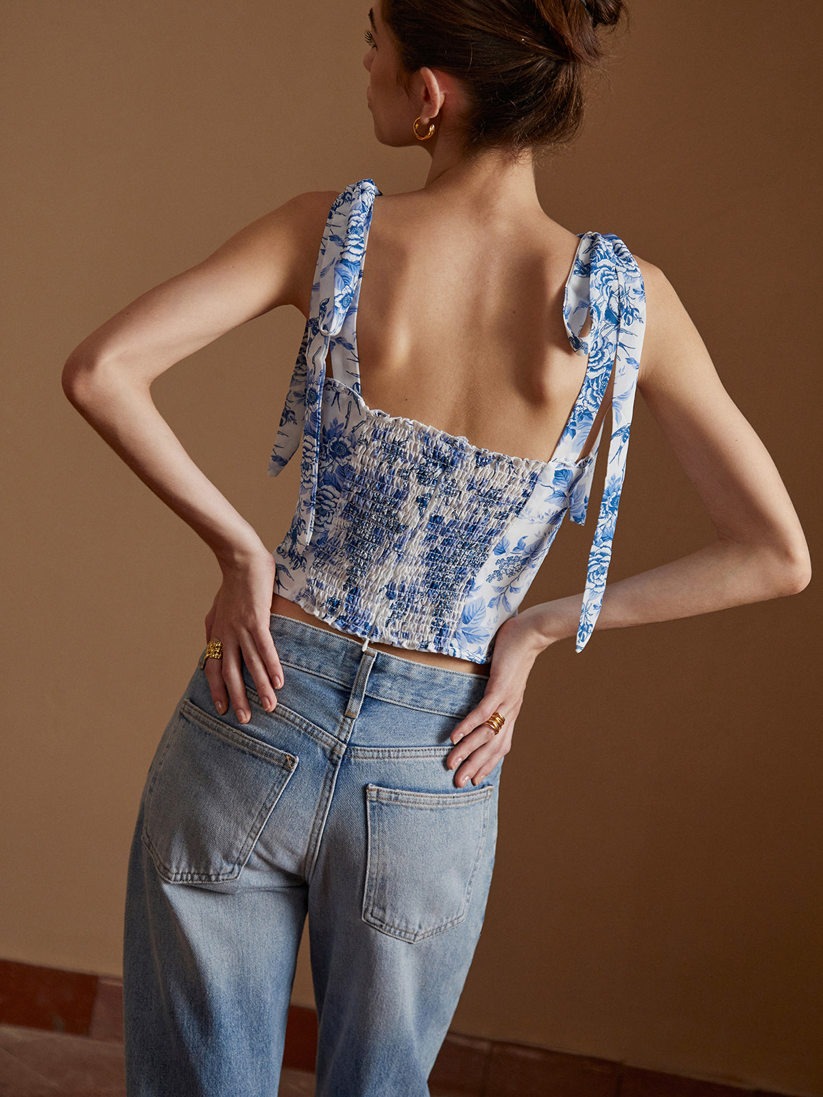 Floral Print Tie Shoulder Shirred Back Top