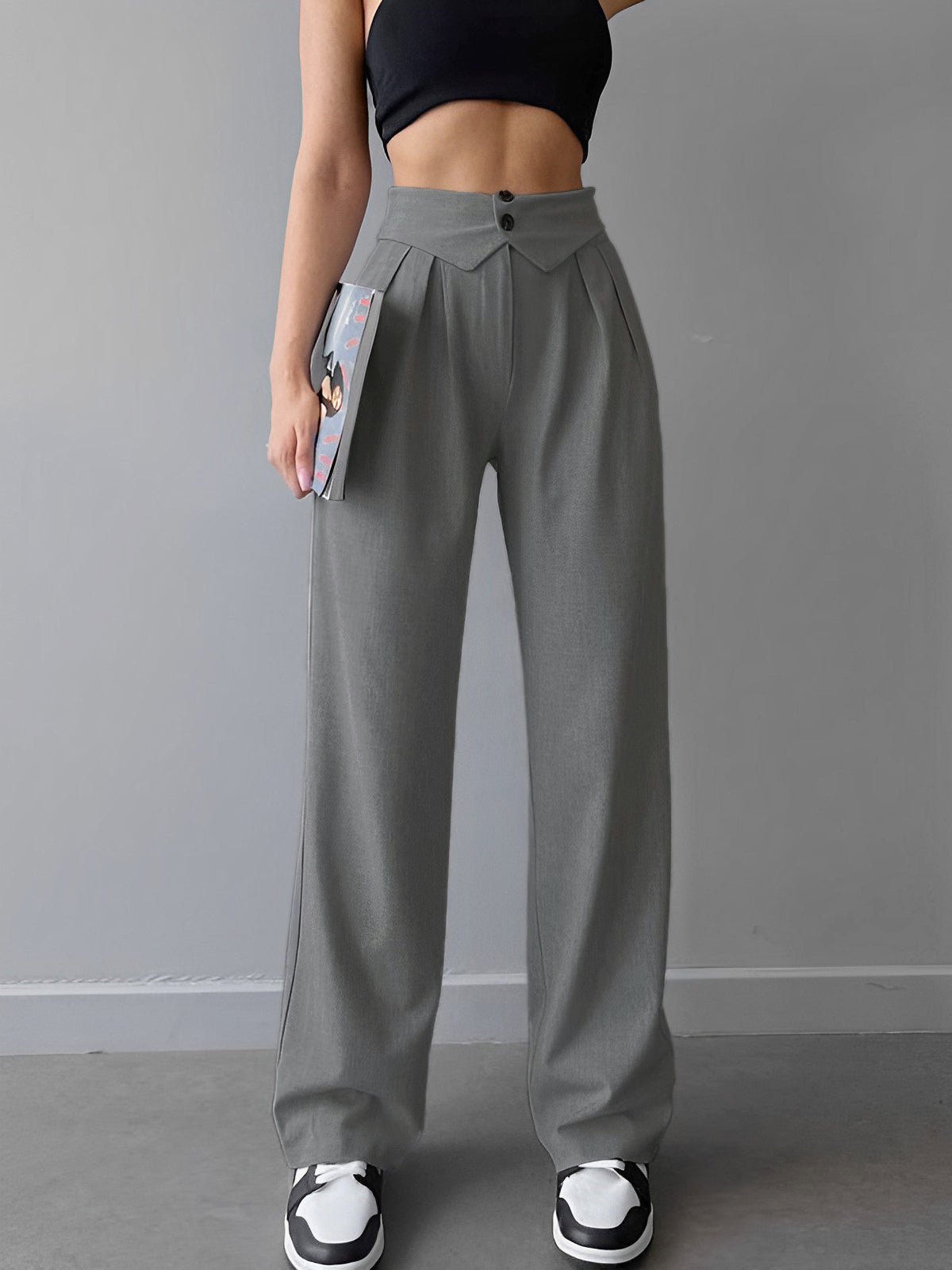 Street Fold Over Waistband Straight Leg Dress Pants