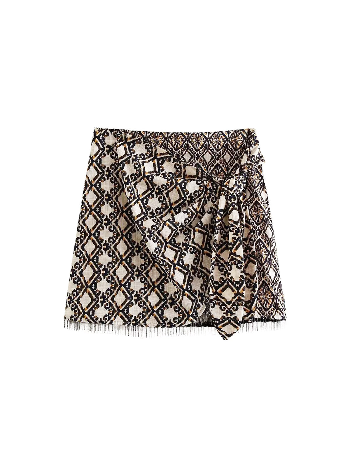 Vintage Geometry Print Tassel Hem Mini Skirt