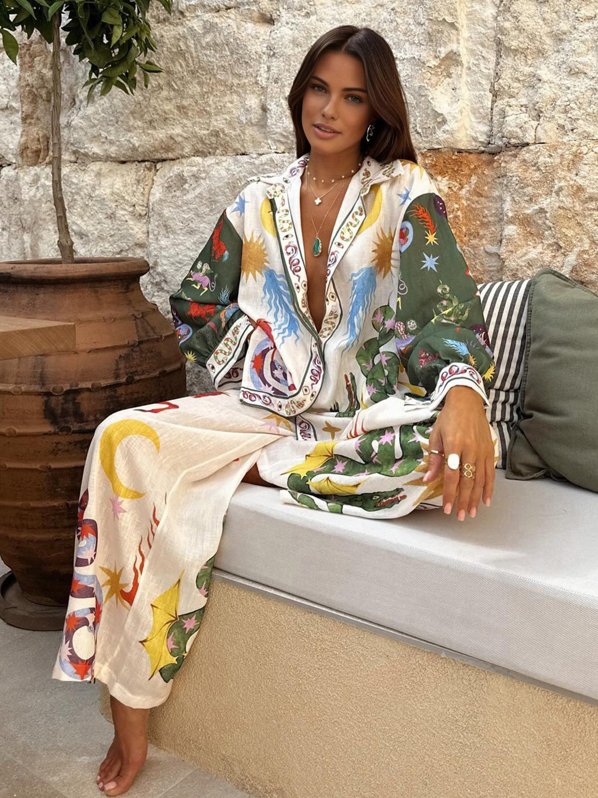 Boho Print Loose Shirt With Wide Leg Pants Set