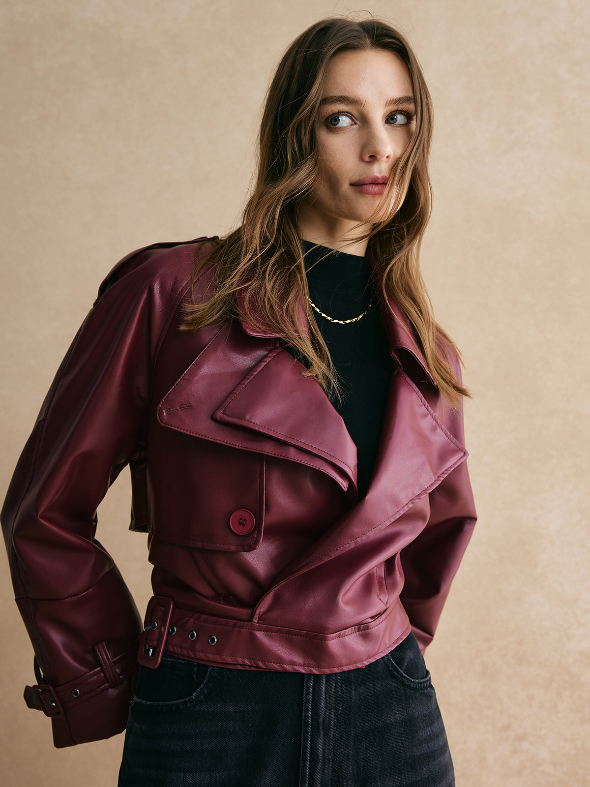 Buckle Design Belted PU Leather Jacket