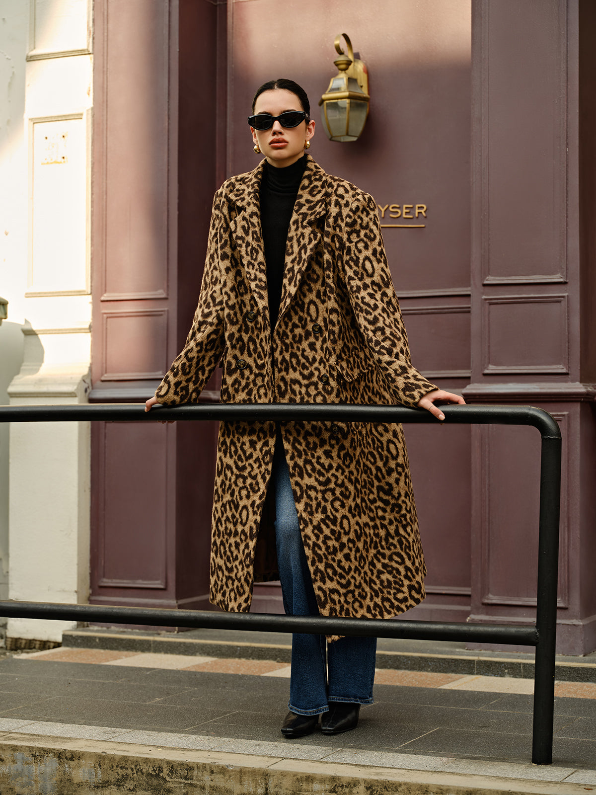 Leopard Pockets Long Wool Coat