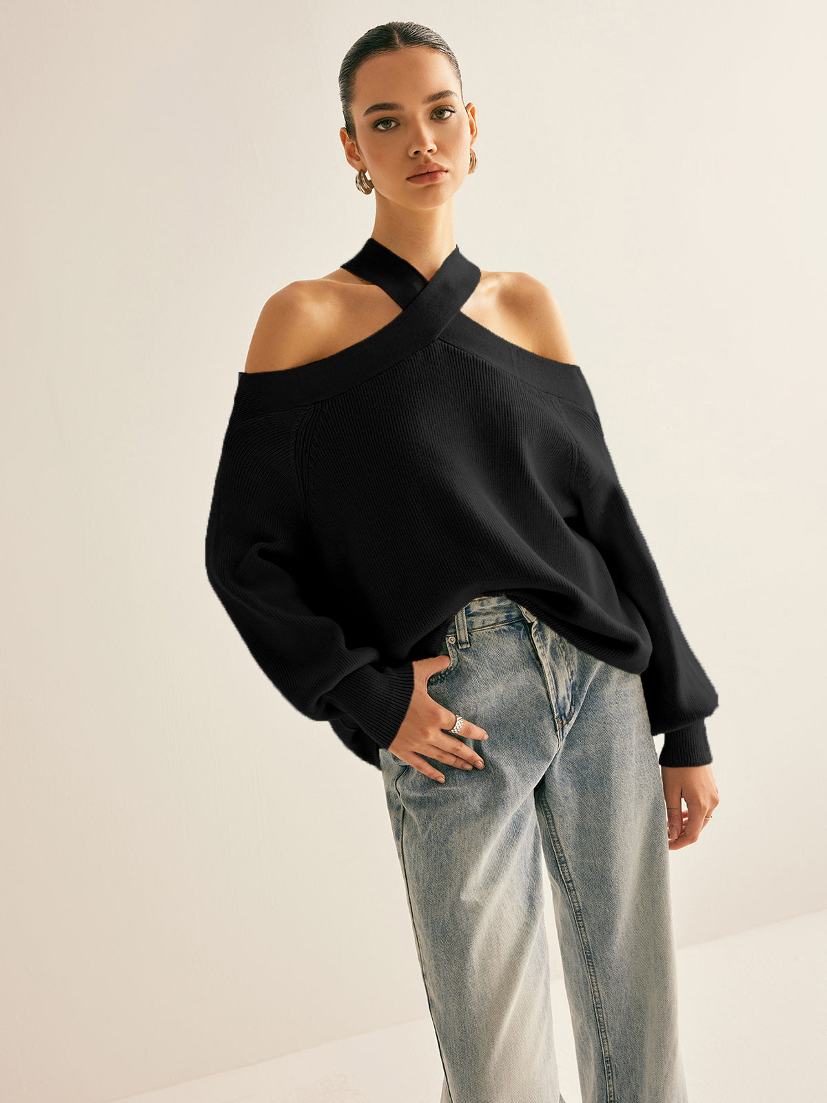 Cross-Over Collar Cold-Shoulder Sweater