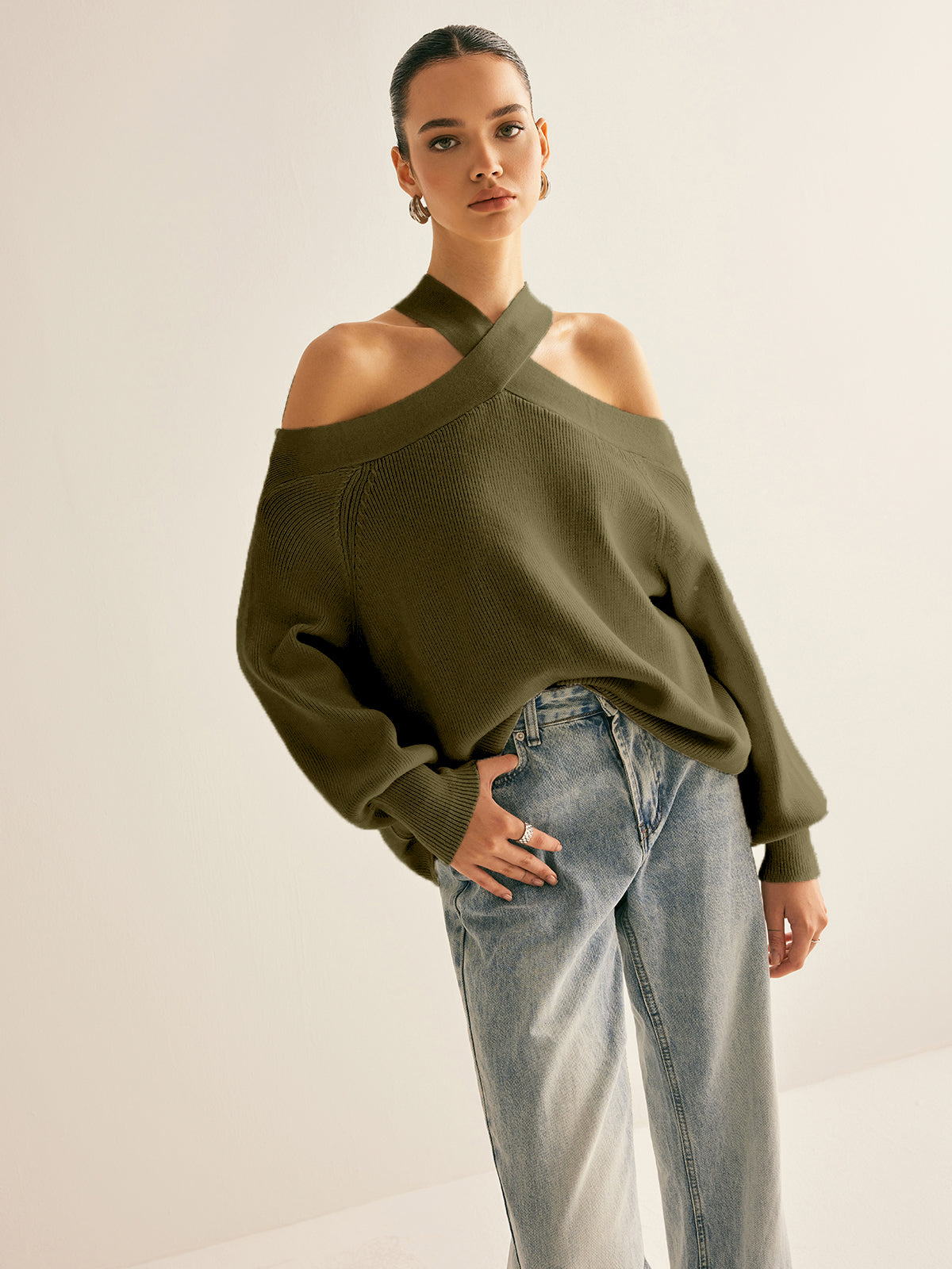 Cross-Over Collar Cold-Shoulder Sweater